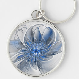 Abstract Blauw Grijs Waterverf Fractal Art Flower Sleutelhanger