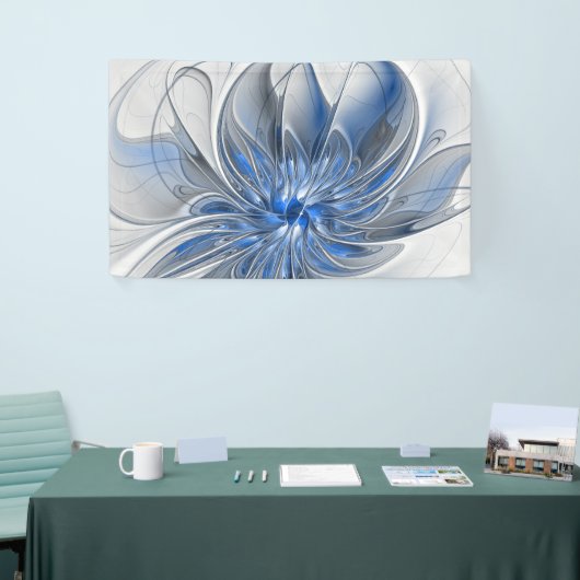 Abstract Blauw Grijs Waterverf Fractal Art Flower Spandoek (Beurs)