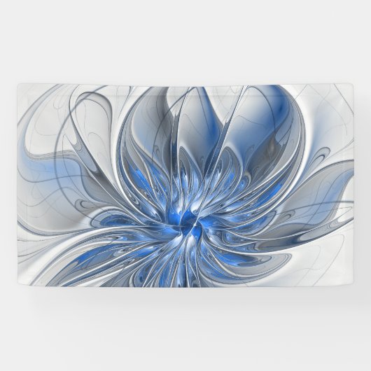 Abstract Blauw Grijs Waterverf Fractal Art Flower Spandoek (Horizontaal)
