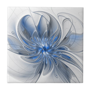 Abstract Blauw Grijs Waterverf Fractal Art Flower Tegeltje