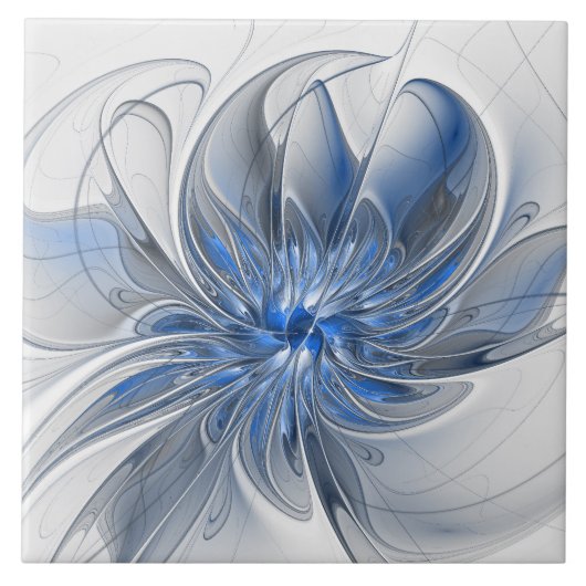 Abstract Blauw Grijs Waterverf Fractal Art Flower Tegeltje (Voorkant)