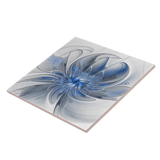 Abstract Blauw Grijs Waterverf Fractal Art Flower Tegeltje (Zijkant)