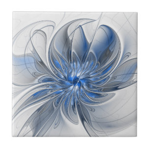 Abstract Blauw Grijs Waterverf Fractal Art Flower Tegeltje