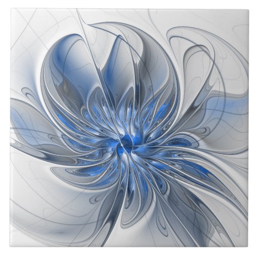 Abstract Blauw Grijs Waterverf Fractal Art Flower Tegeltje (Voorkant)