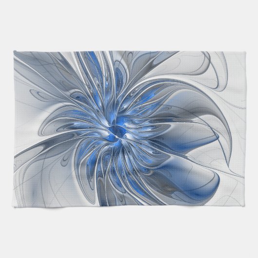 Abstract Blauw Grijs Waterverf Fractal Art Flower Theedoek (Horizontaal)