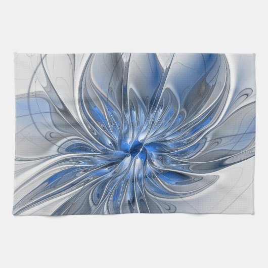 Abstract Blauw Grijs Waterverf Fractal Art Flower Theedoek (Horizontaal)
