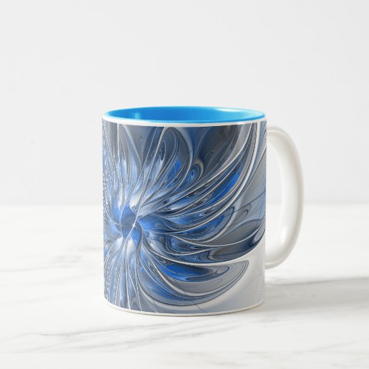 Abstract Blauw Grijs Waterverf Fractal Art Flower Tweekleurige Koffiemok (Voorkant rechts)