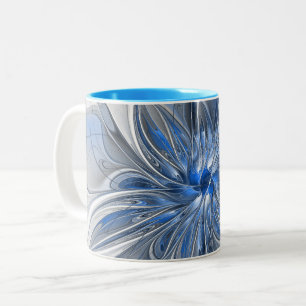 Abstract Blauw Grijs Waterverf Fractal Art Flower Tweekleurige Koffiemok