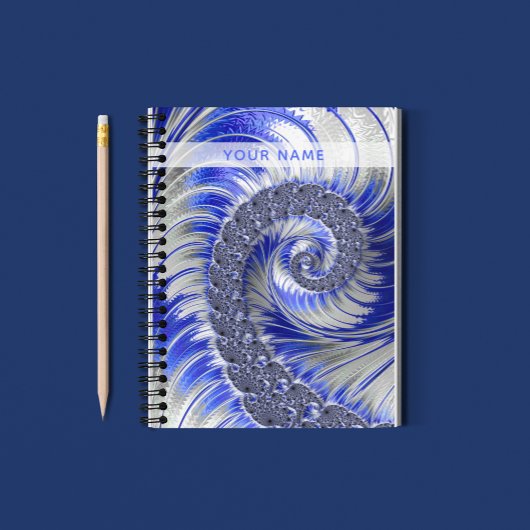 Abstract blauw, grijs, wit, bolvormig fractal met  notitieboek
