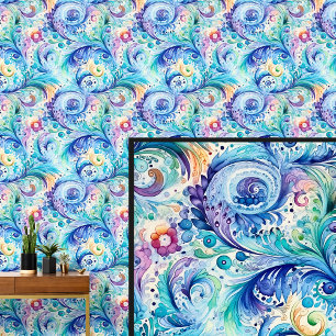 Abstract Blauw Groen Aqua Bloemen Paisley Behang