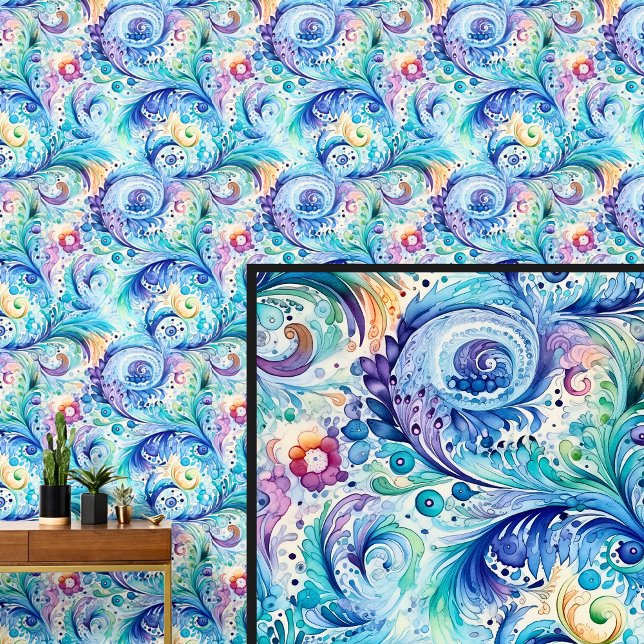 Abstract Blauw Groen Aqua Bloemen Paisley Behang (Creator heeft geüpload)
