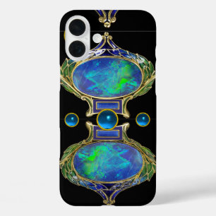 ABSTRACT BLAUW GROEN OPAL EFFECT MET GEMSTONES iPhone 16 PLUS HOESJE