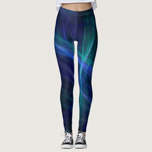 Abstract Blauw Groen Zwart Fractal Mist Leggings (Voorkant)