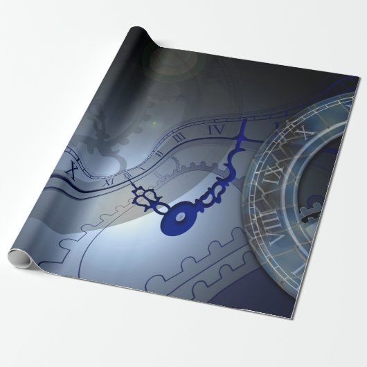 Abstract blauw klokontwerp cadeaupapier (Uitgerold)