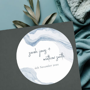 Abstract blauw kuststrand Waterverf bruiloft Ronde Sticker