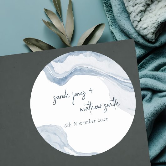 Abstract blauw kuststrand Waterverf bruiloft Ronde Sticker
