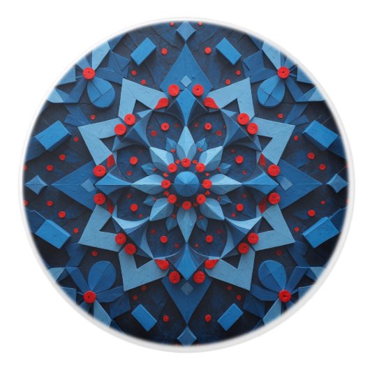 Abstract blauw met rode Stippen Keramische Knop (Voorkant)