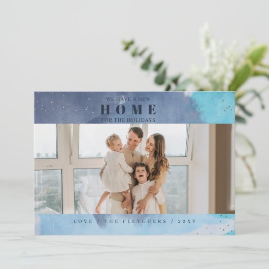 Abstract Blauw Nieuw Huis voor Feestdagen Foto Ver Feestdagenkaart (Staand voorkant)