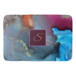 Abstract blauw Oranje monogram rode golven Badmat