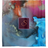 Abstract blauw Oranje monogram rode golven Douchegordijn (Voorkant)