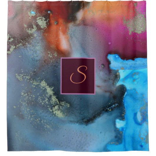 Abstract blauw Oranje monogram rode golven Douchegordijn (Voorkant)