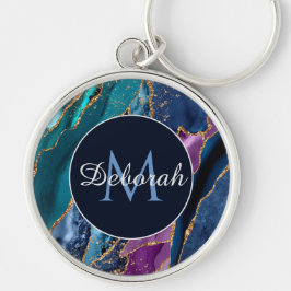 Abstract blauw Paars-goudmonogram Sleutelhanger