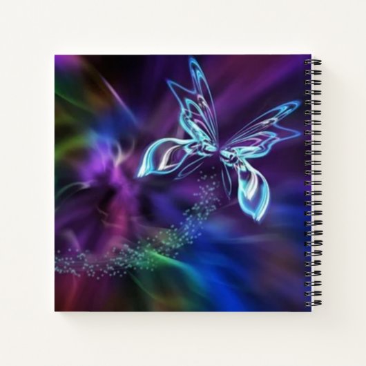 Abstract Blauw Paarse Neon Vlinder Print Kleurrijk Notitieboek (Achterkant)