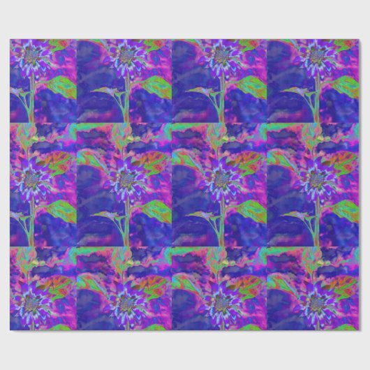 Abstract blauw paarse zonnebloem retro funky flora cadeaupapier (Vlak)