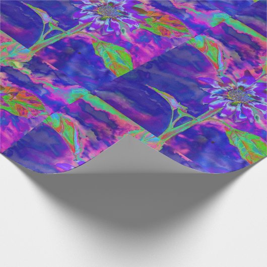 Abstract blauw paarse zonnebloem retro funky flora cadeaupapier (Hoek)