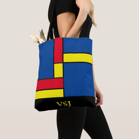 Abstract blauw rood en geel monogram tote bag (Dichtbij)