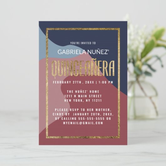 Abstract Blauw Roze Gold Geometric Quinceañera Kaart (Staand voorkant)