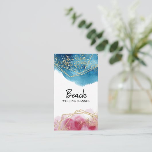 *~* Abstract blauw roze goudkleurige veelhoeken Visitekaartje (Staand voorkant)