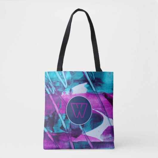 Abstract blauw roze penseelstreken monogram tote bag (Voorkant)