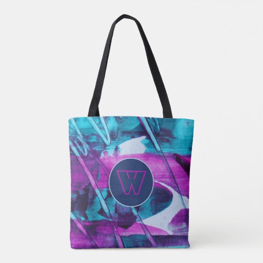 Abstract blauw roze penseelstreken monogram tote bag (Achterkant)