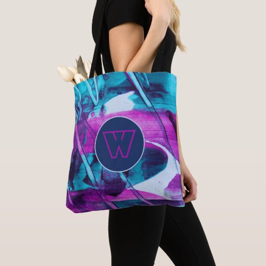 Abstract blauw roze penseelstreken monogram tote bag (Dichtbij)
