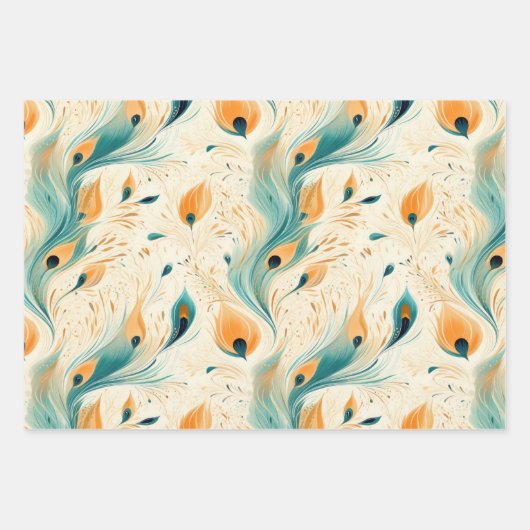 Abstract Blauw Sinaasappel Crème Peacock Inpakpapier Vel (Voorkant 3)