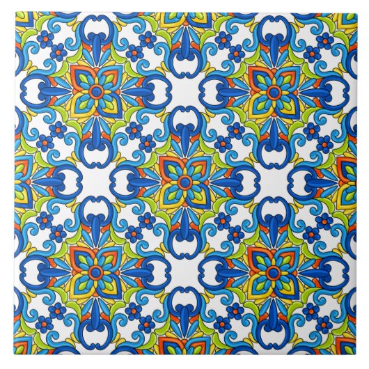 Abstract blauw-staartMexicaans Talavera Pattern Tegeltje (Voorkant)