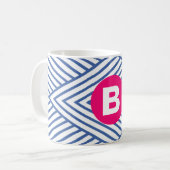 Abstract Blauw Streperig Patroon Roze Monogram Koffiemok (Voorkant links)
