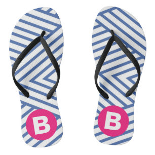Abstract Blauw Streperig Patroon Roze Monogram Teenslippers