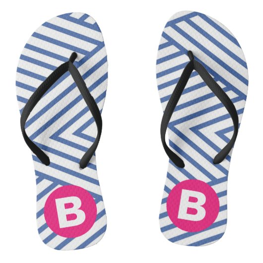 Abstract Blauw Streperig Patroon Roze Monogram Teenslippers (Voetbed)