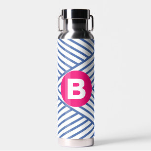 Abstract Blauw Streperig Patroon Roze Monogram Waterfles