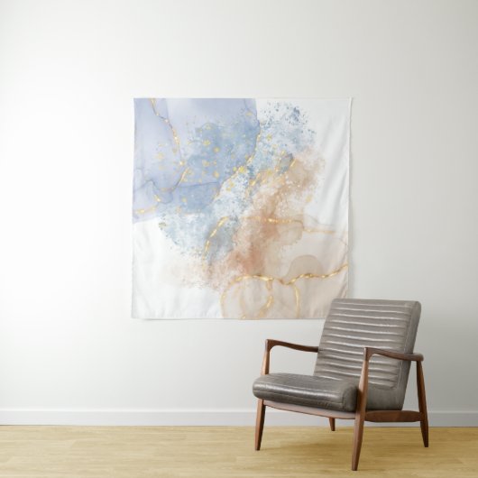 Abstract blauw, taupe en goud wandkleed (In Situ (horizontaal))