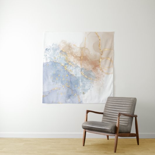 Abstract blauw, taupe en goud wandkleed (In situ)