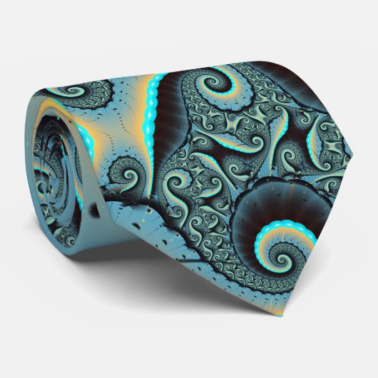 Abstract blauw turquoise oranje fractale kunst spi stropdas (Opgerold)