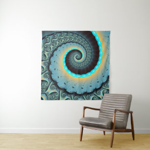 Abstract blauw turquoise oranje fractale kunst spi wandkleed