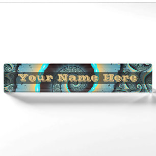 Abstract blauw turquoise oranje fractale spiraal t naambordje