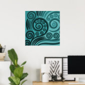 Abstract Blauw Varen Frond Curls Poster (Thuiskantoor)