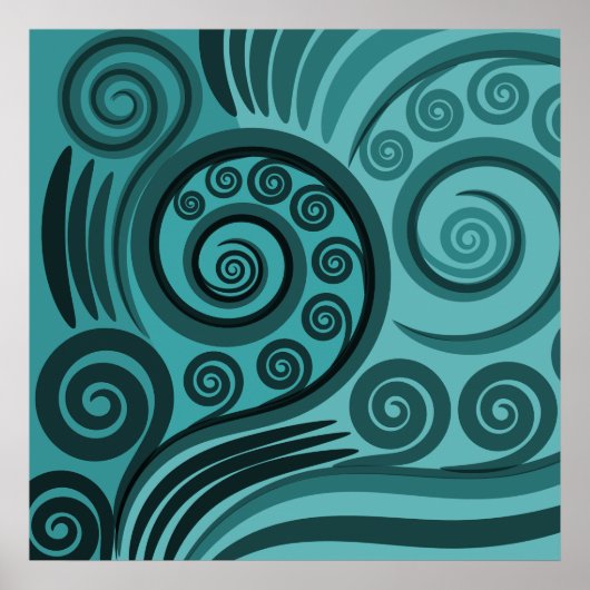 Abstract Blauw Varen Frond Curls Poster (Voorkant)