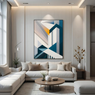 Abstract Blauw Wit Goud Geometrische Architectuur Canvas Afdruk