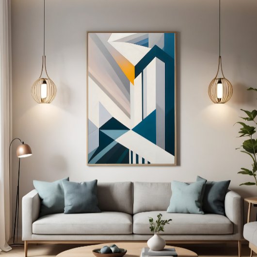 Abstract Blauw Wit Goud Geometrische Architectuur Poster